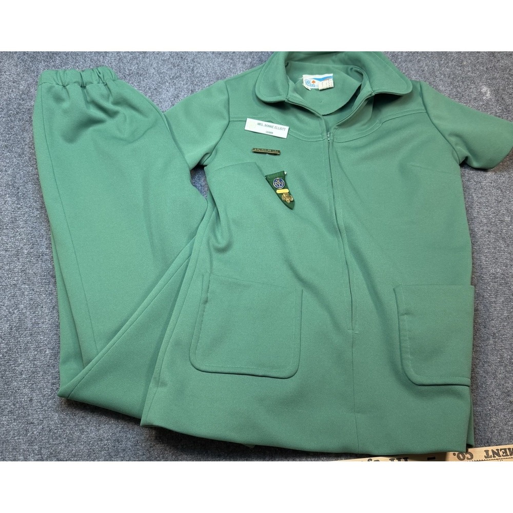 Vtg Adult Girl Leader Scout Suit Set Short Sleeve Pant Suit With Name Badge SZ 8
